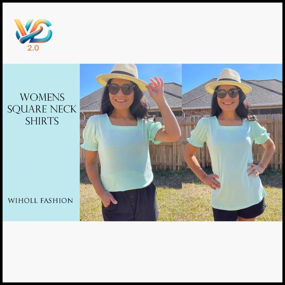 Summer Casual T-Shirt with Ruffle Trim Sleeves and Square Neck - Picture 6 of 7